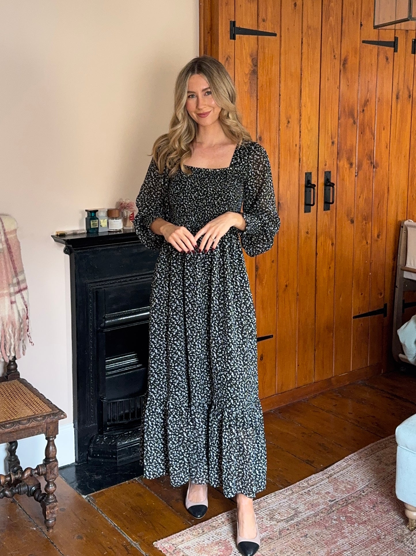 Black & White Floral Smocked Midi Dress