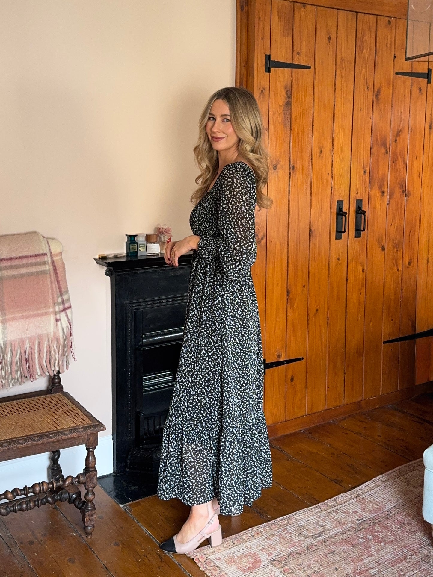Black & White Floral Smocked Midi Dress