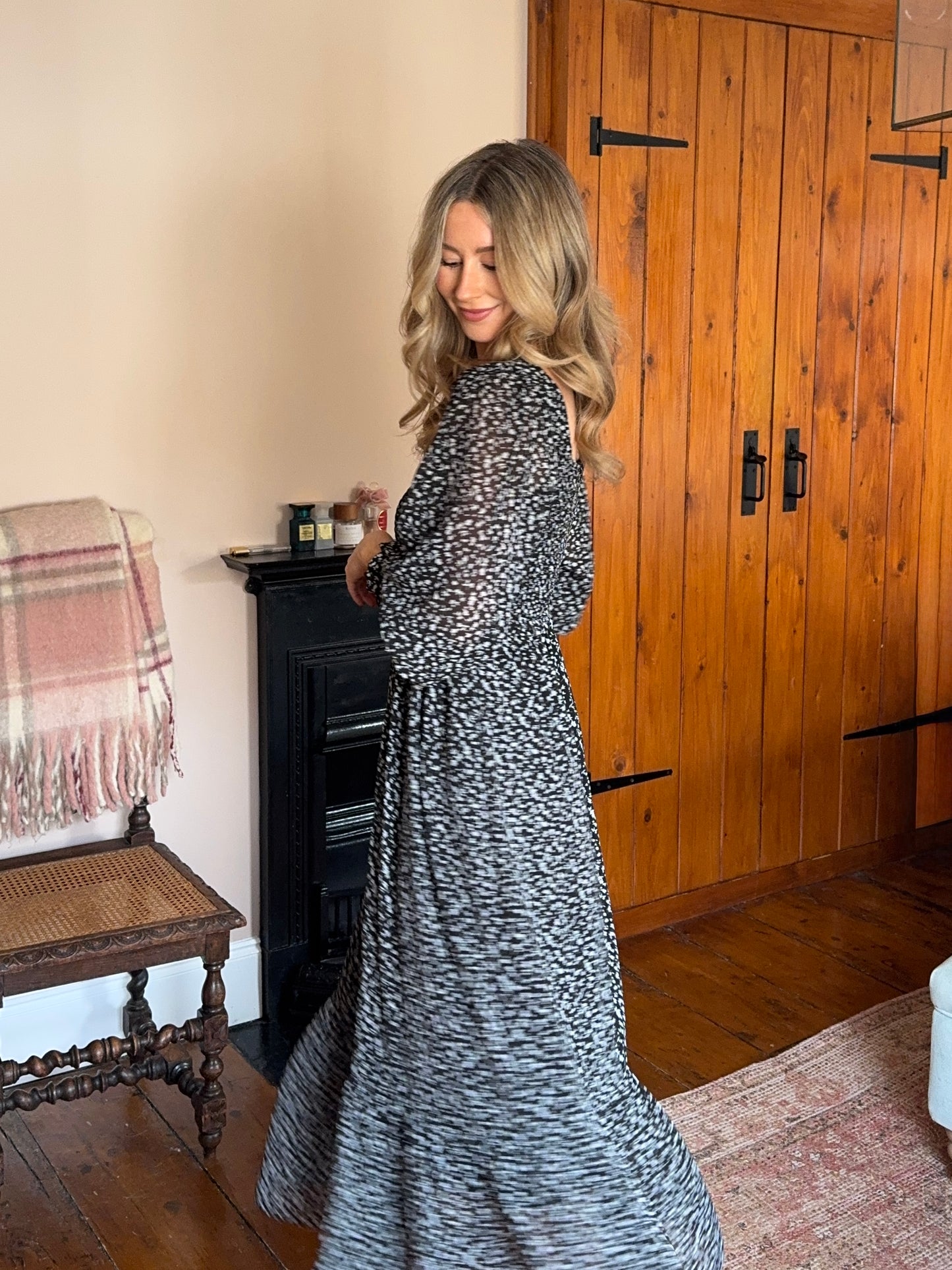 Black & White Floral Smocked Midi Dress