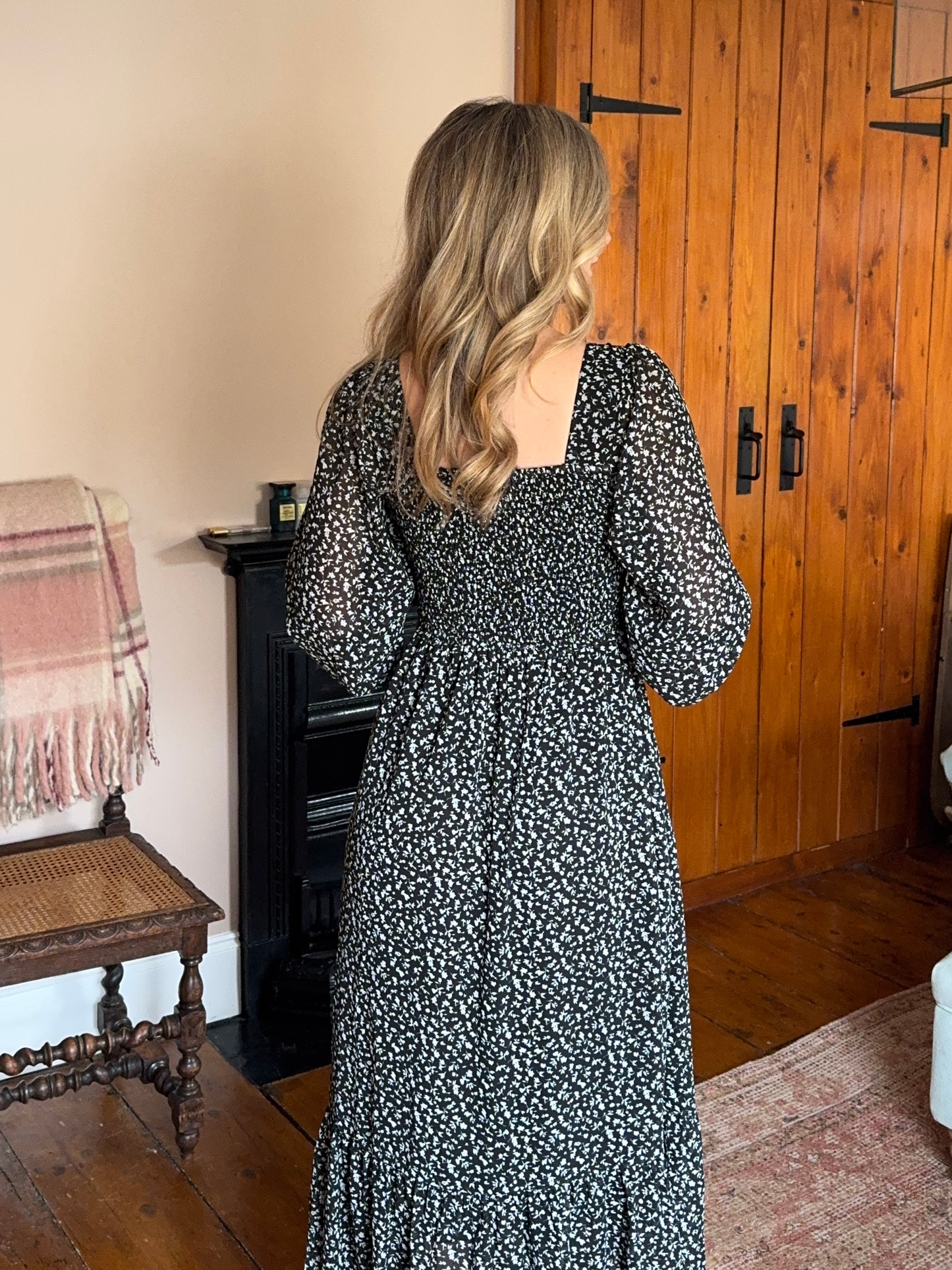 Black & White Floral Smocked Midi Dress