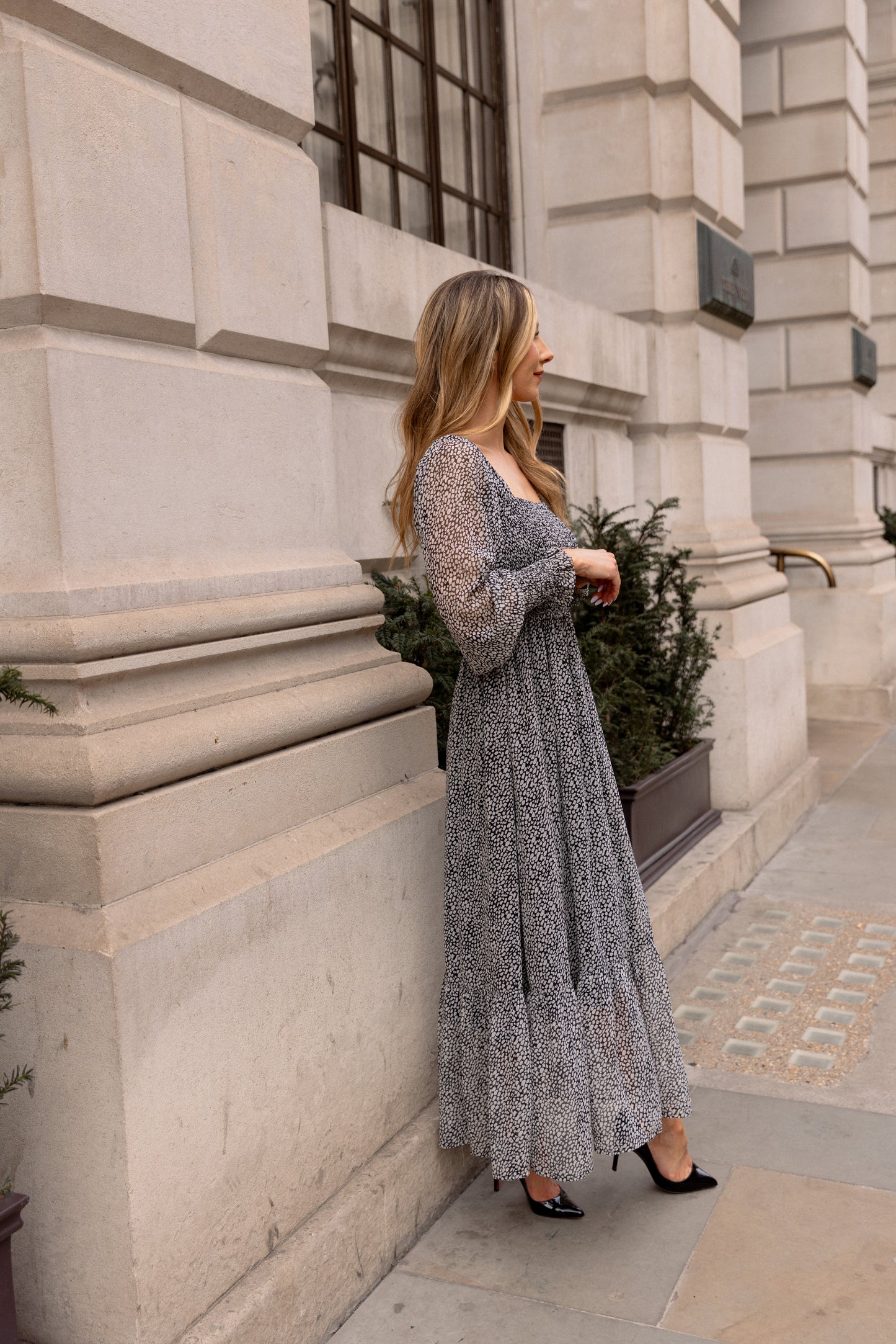 Black and Grey Smocked Midi Dress