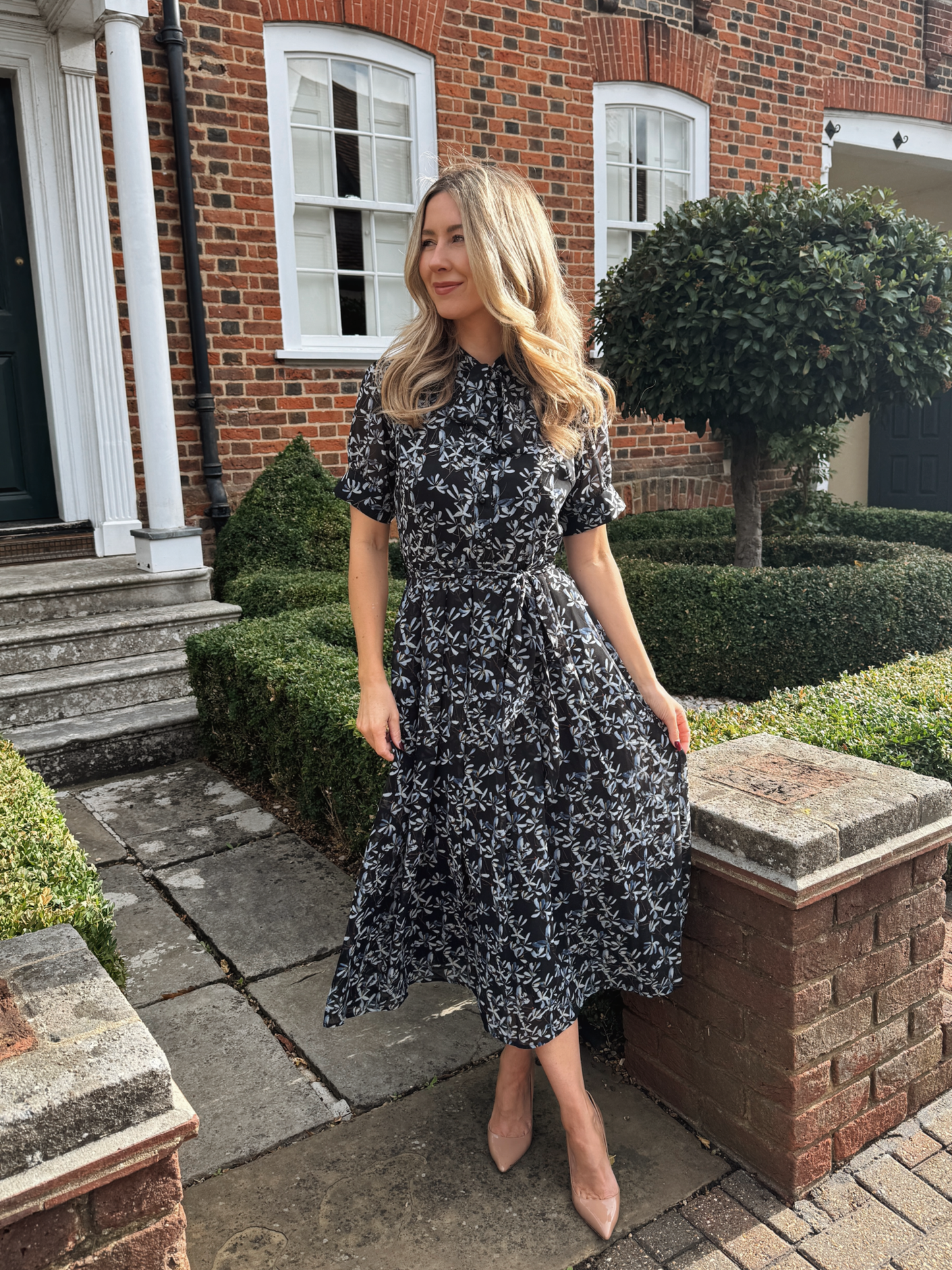 Blue and Black Bow Neck Short Sleeve Midi Dress