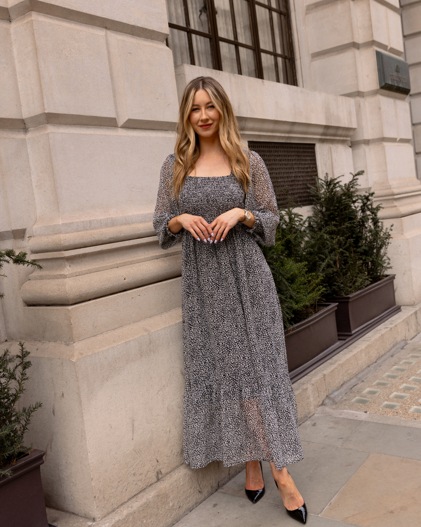 Black and Grey Smocked Midi Dress