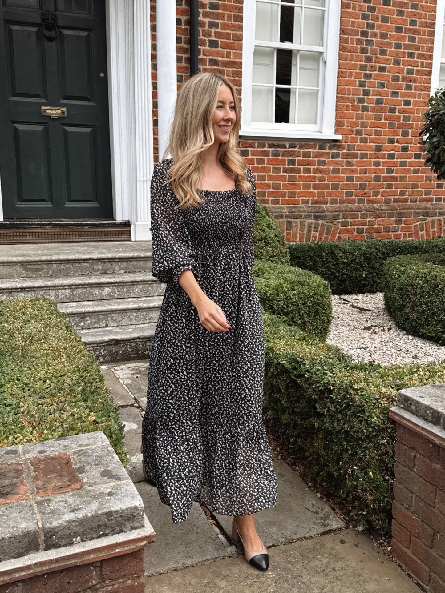Black & White Floral Smocked Midi Dress