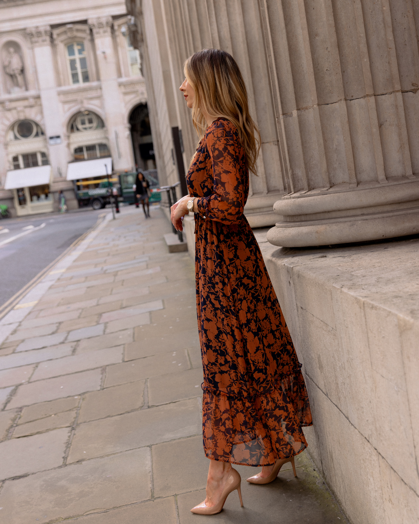 Floral Button Front Ruffle Chiffon Dress