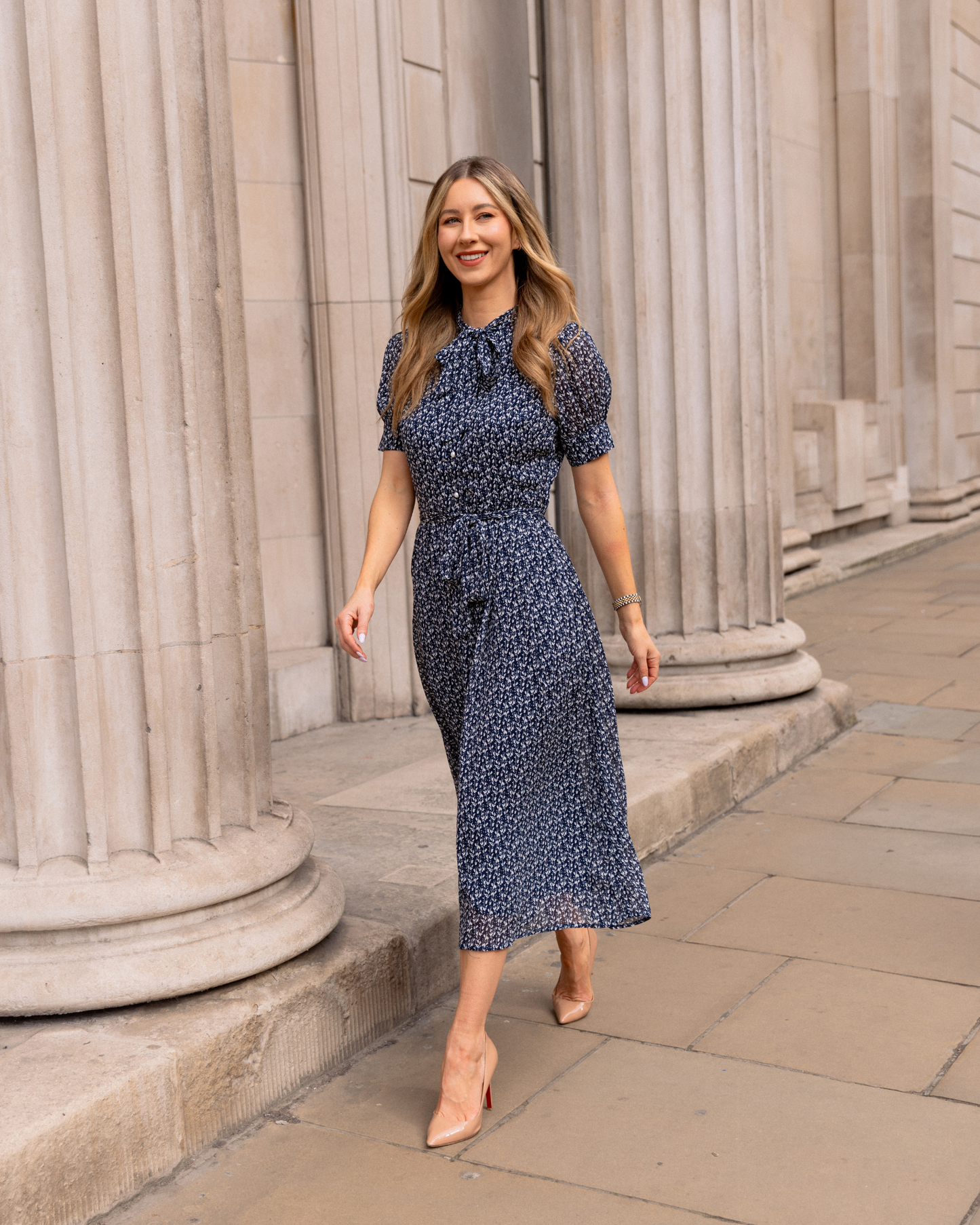 Blue Floral Bow Neck Chiffon Midi Dress