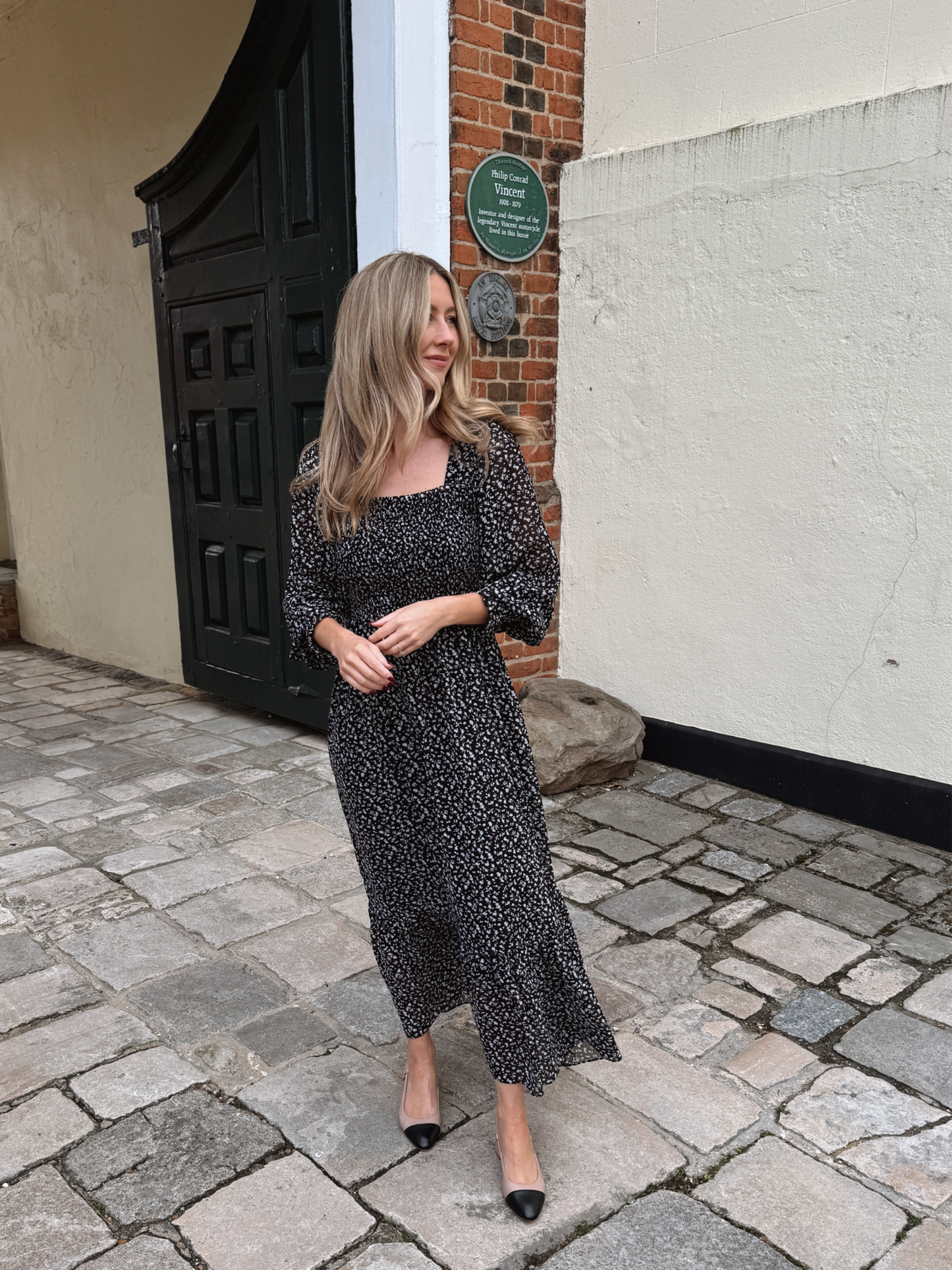 Black & White Floral Smocked Midi Dress