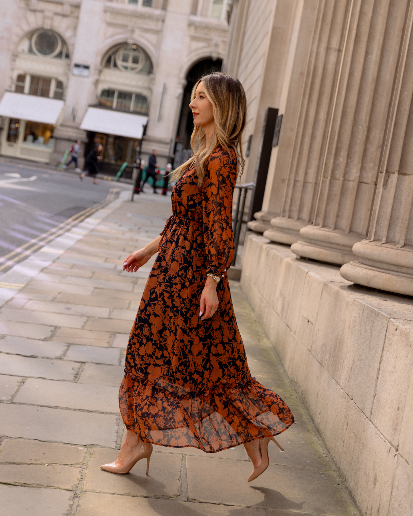 Floral Button Front Ruffle Chiffon Dress