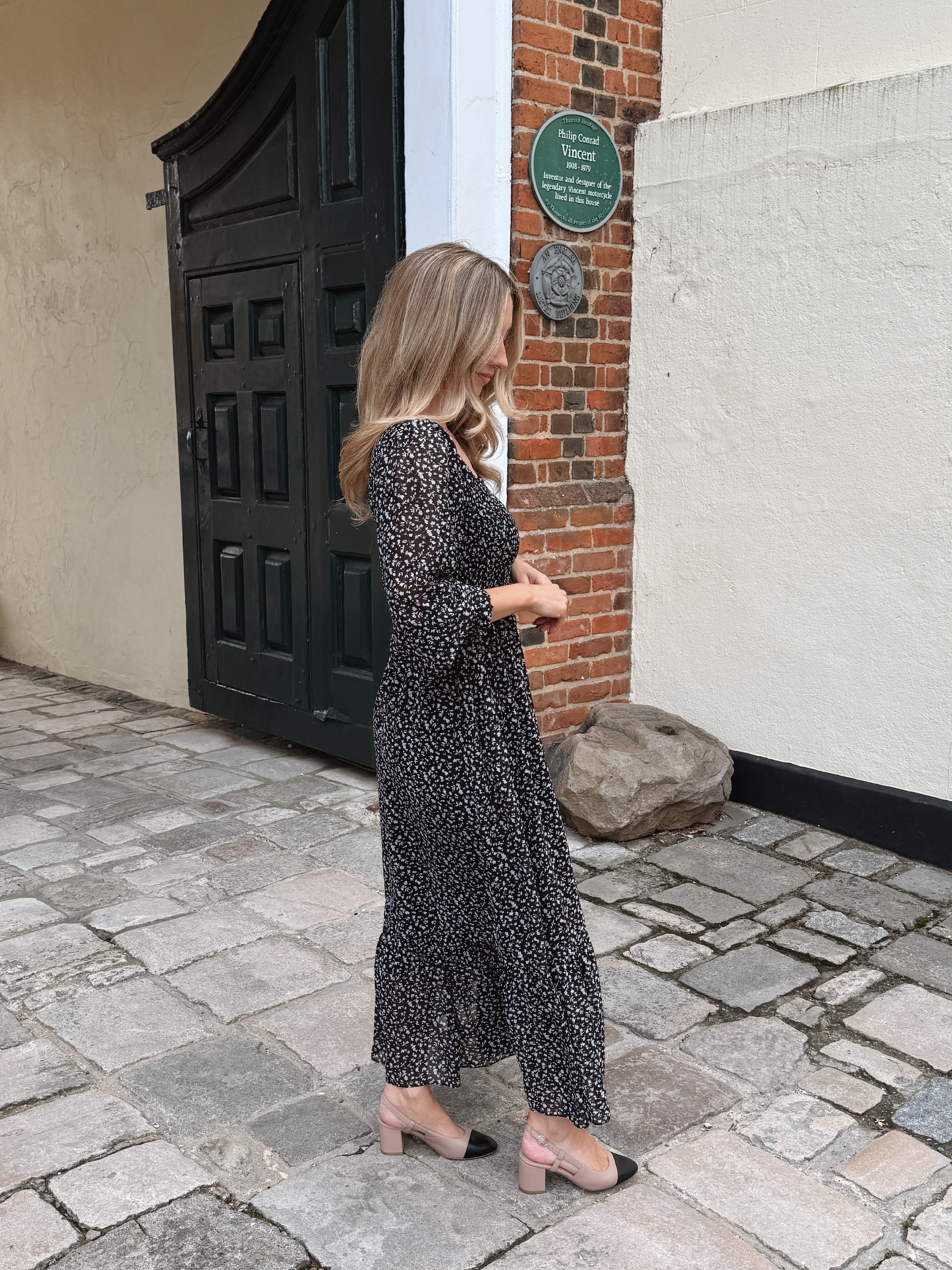 Black & White Floral Smocked Midi Dress