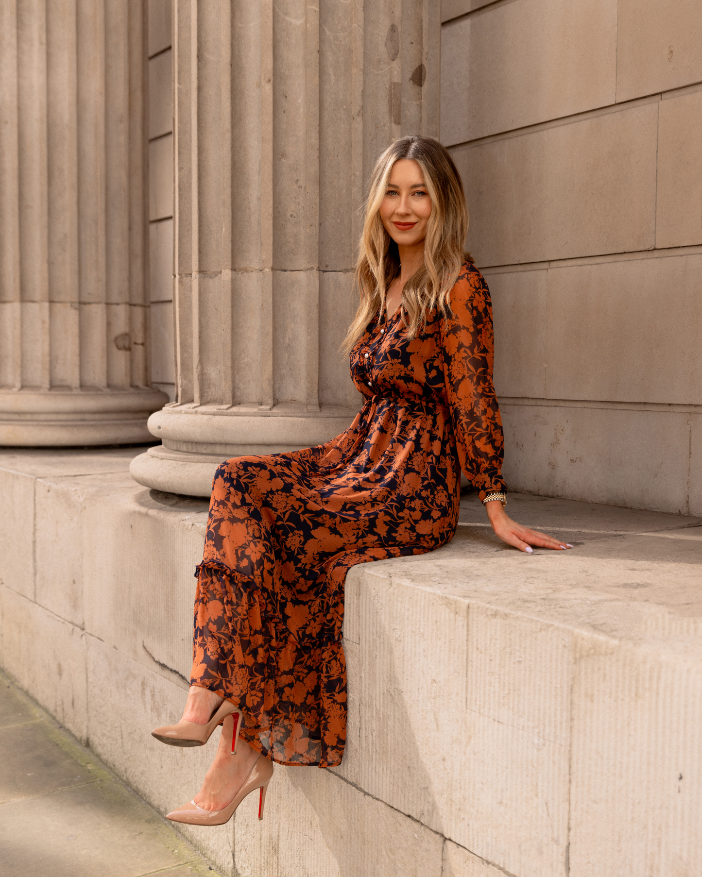 Floral Button Front Ruffle Chiffon Dress