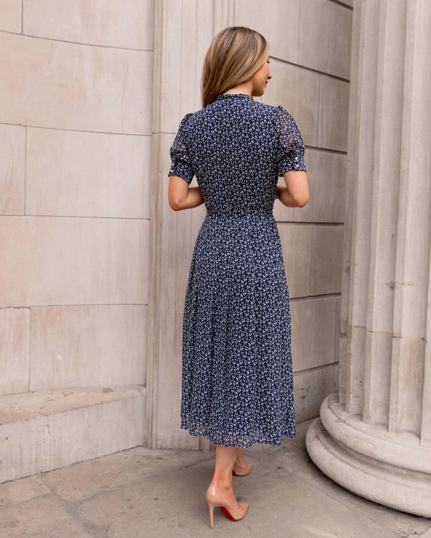 Blue Floral Bow Neck Chiffon Midi Dress