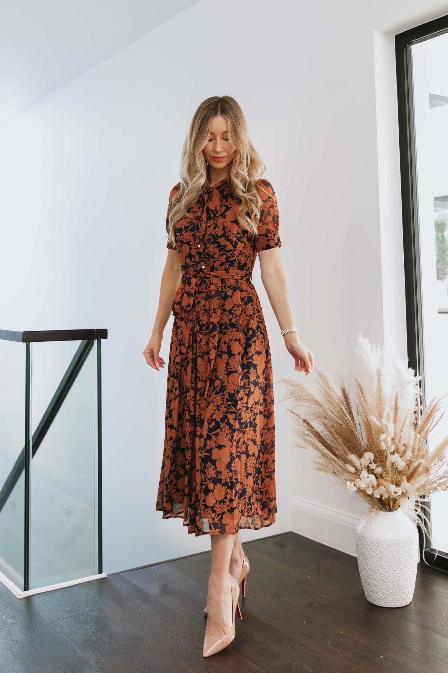Floral Bow Neck Short Sleeve Chiffon Midi Dress