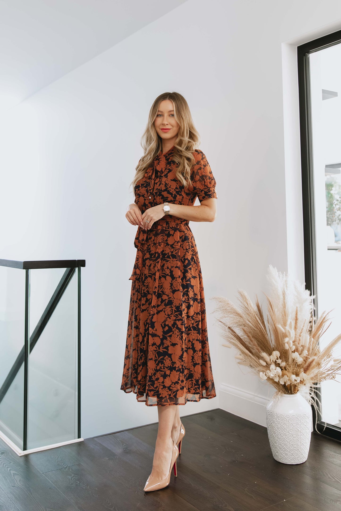 Floral Bow Neck Short Sleeve Chiffon Midi Dress