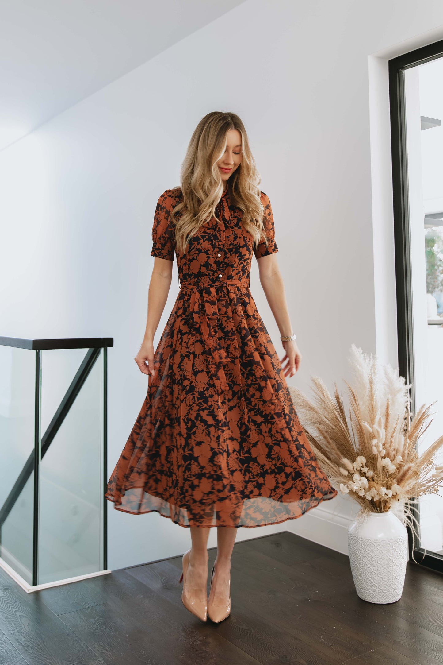 Floral Bow Neck Short Sleeve Chiffon Midi Dress