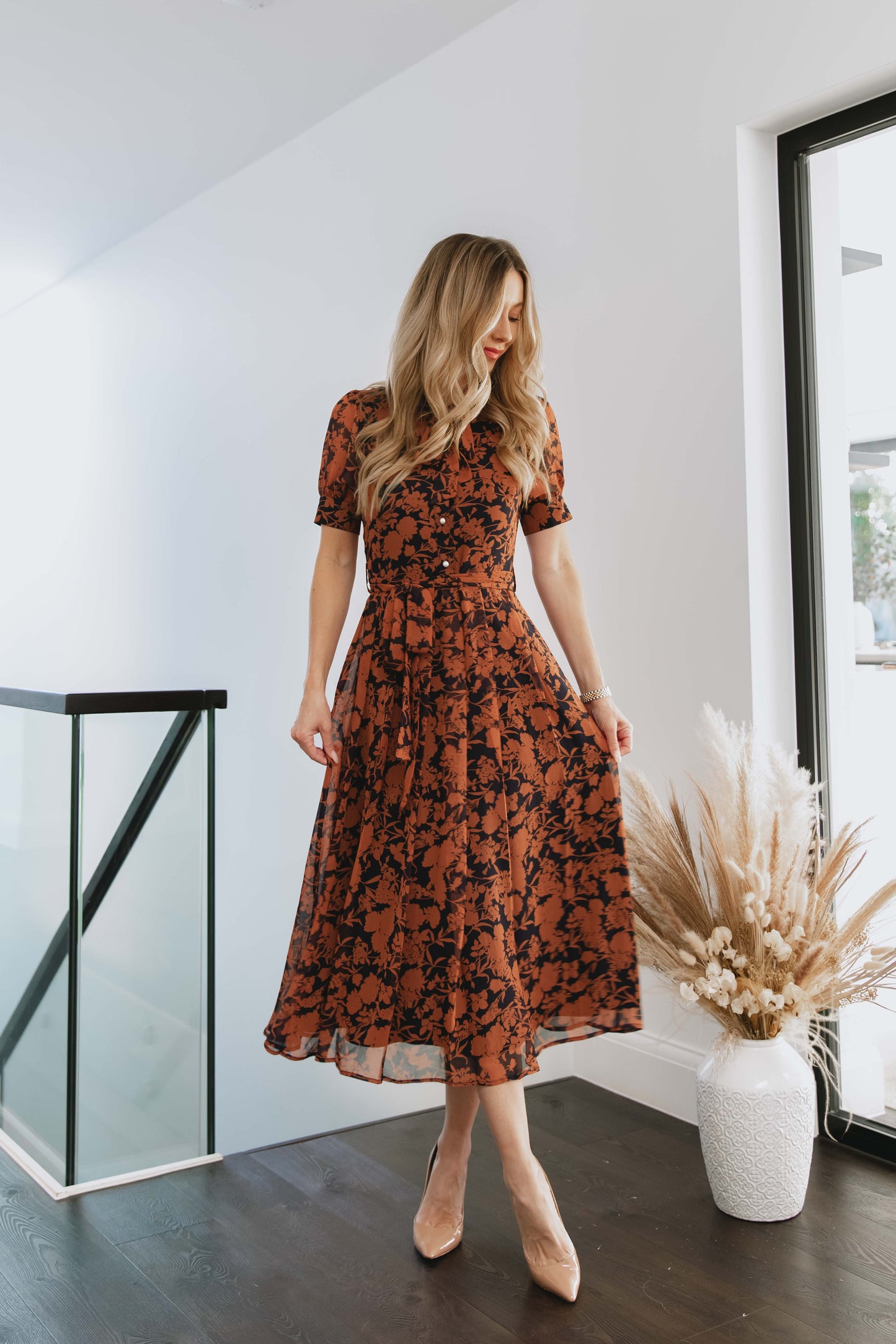 Floral Bow Neck Short Sleeve Chiffon Midi Dress