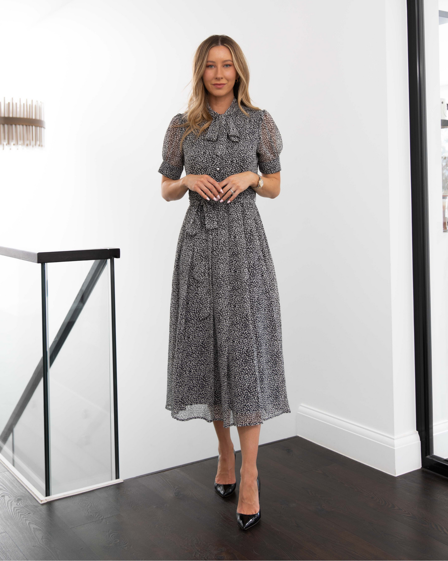 Black and Grey Bow Neck Chiffon Midi Dress