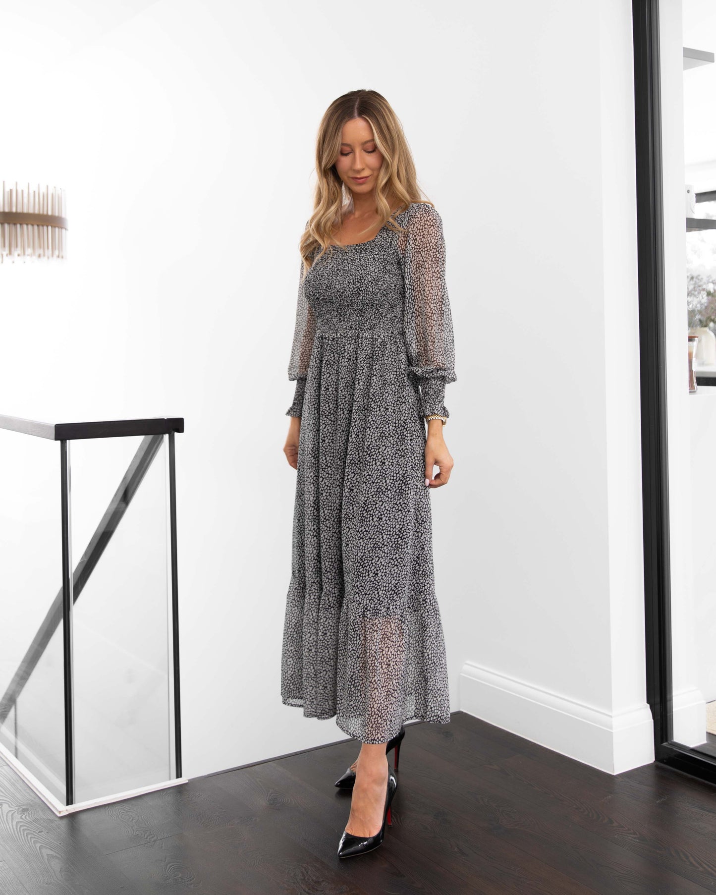 Black and Grey Smocked Midi Dress