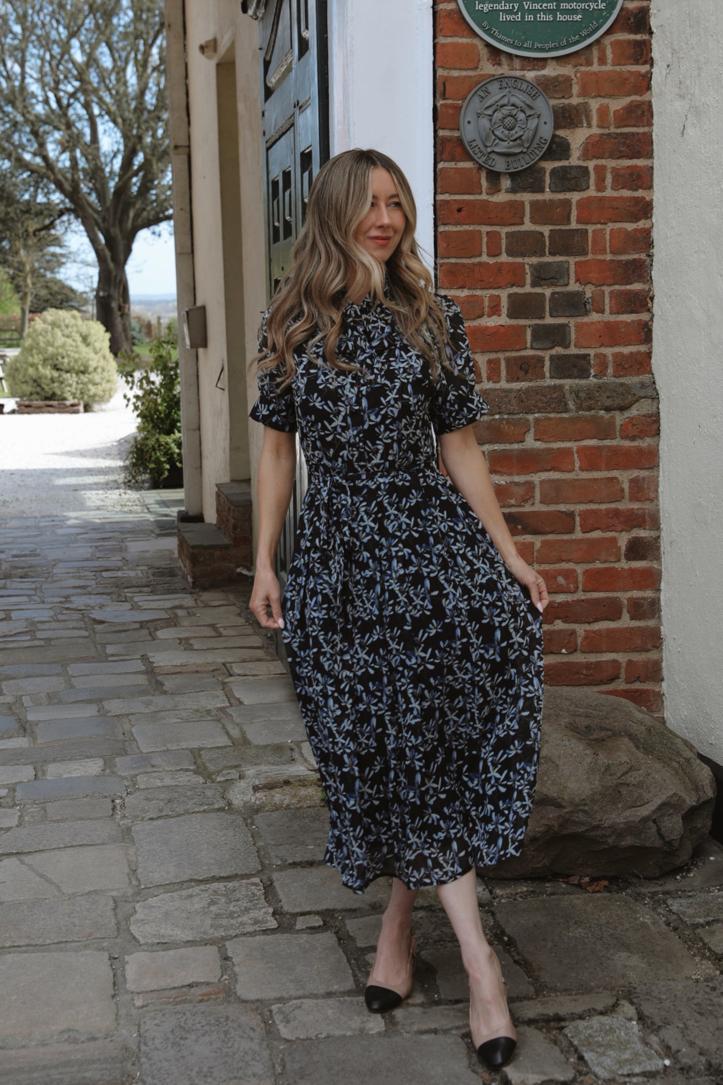 Blue and Black Bow Neck Short Sleeve Midi Dress