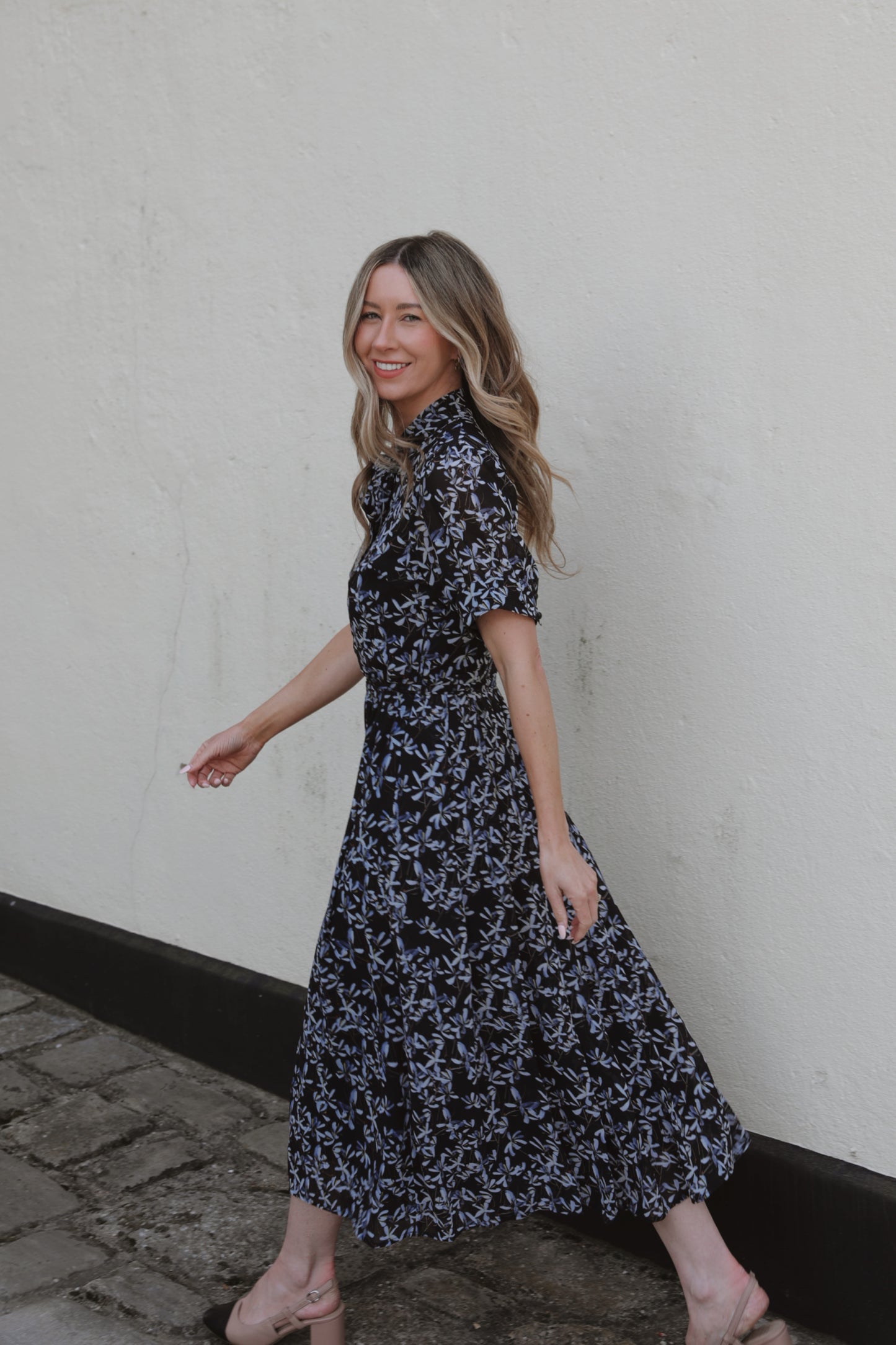 Blue and Black Bow Neck Short Sleeve Midi Dress