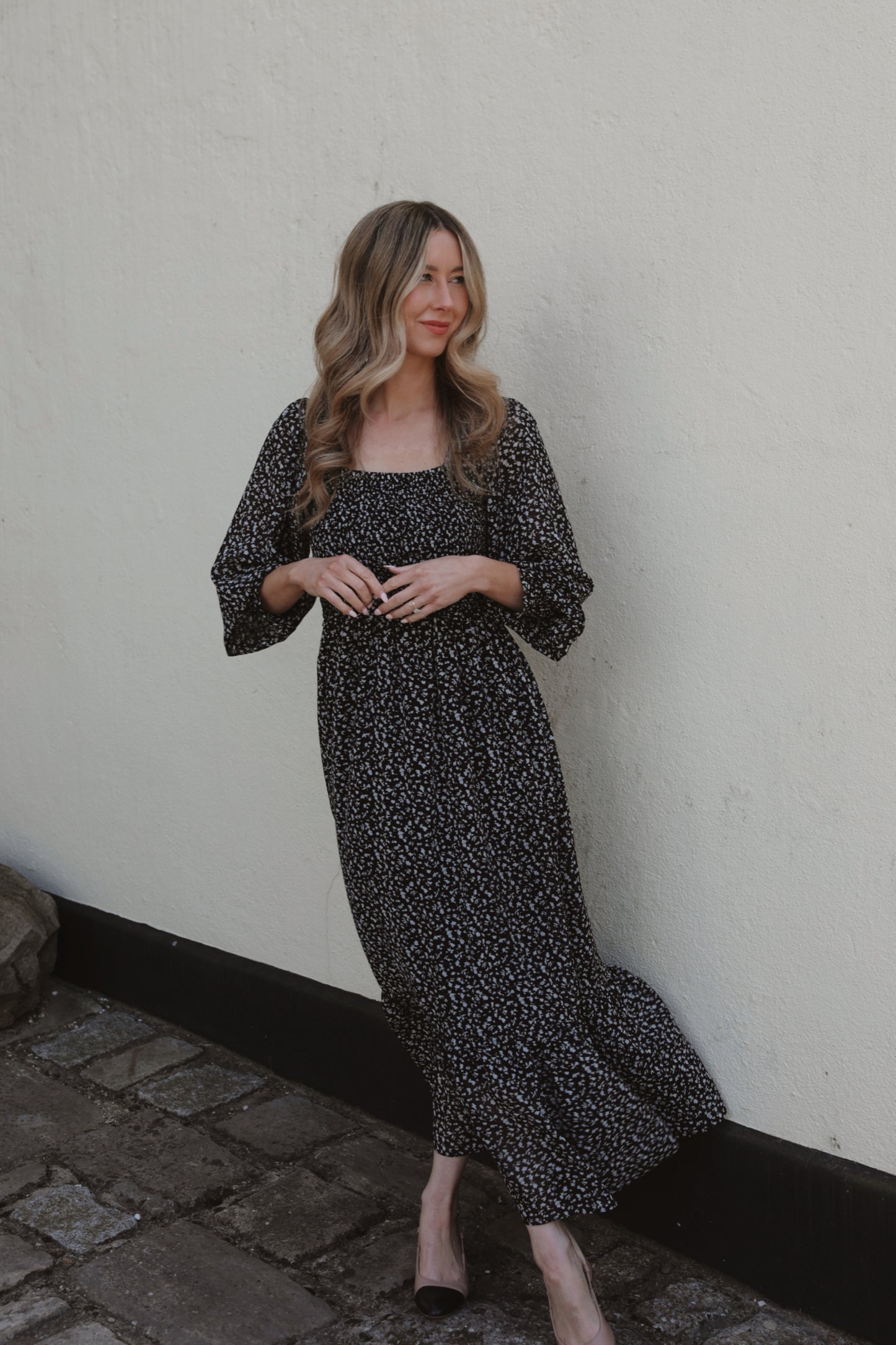 Black & White Floral Smocked Midi Dress