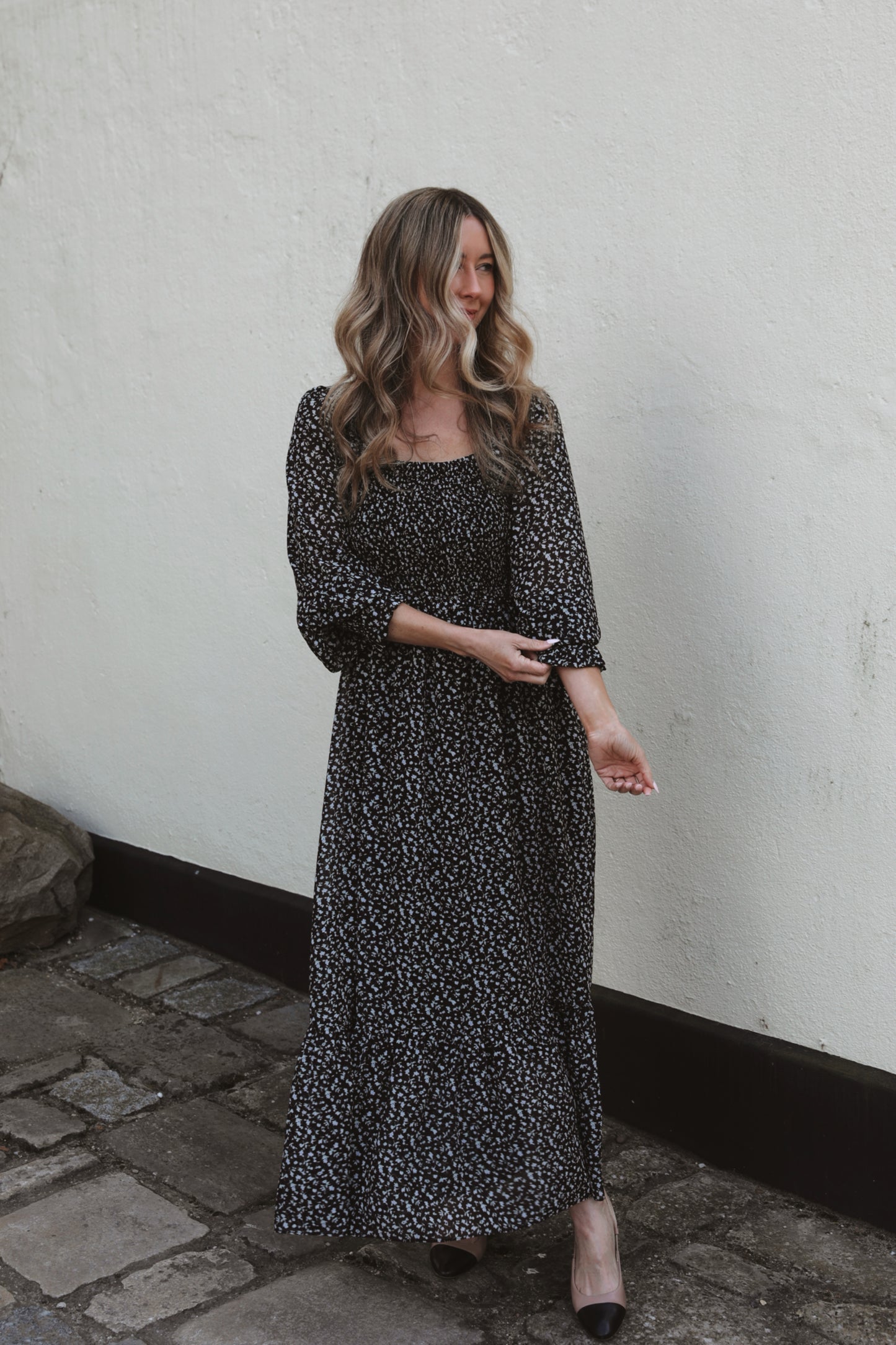 Black & White Floral Smocked Midi Dress