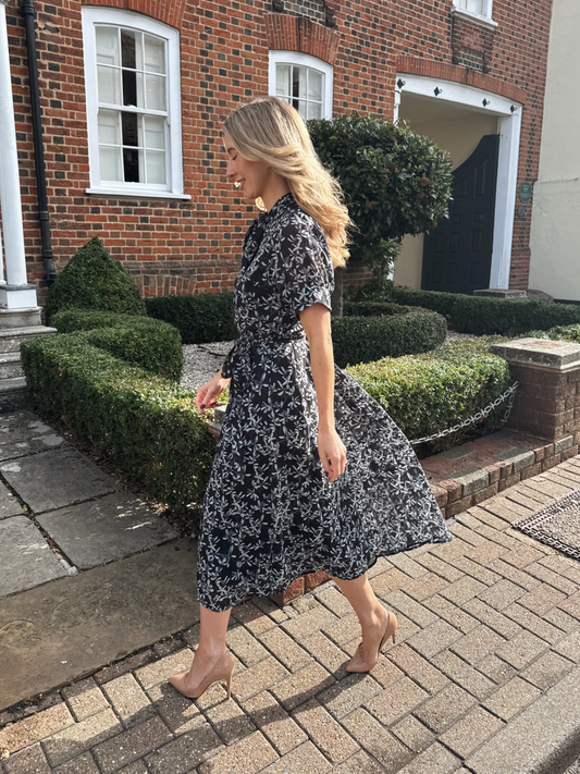 Blue and Black Bow Neck Short Sleeve Midi Dress