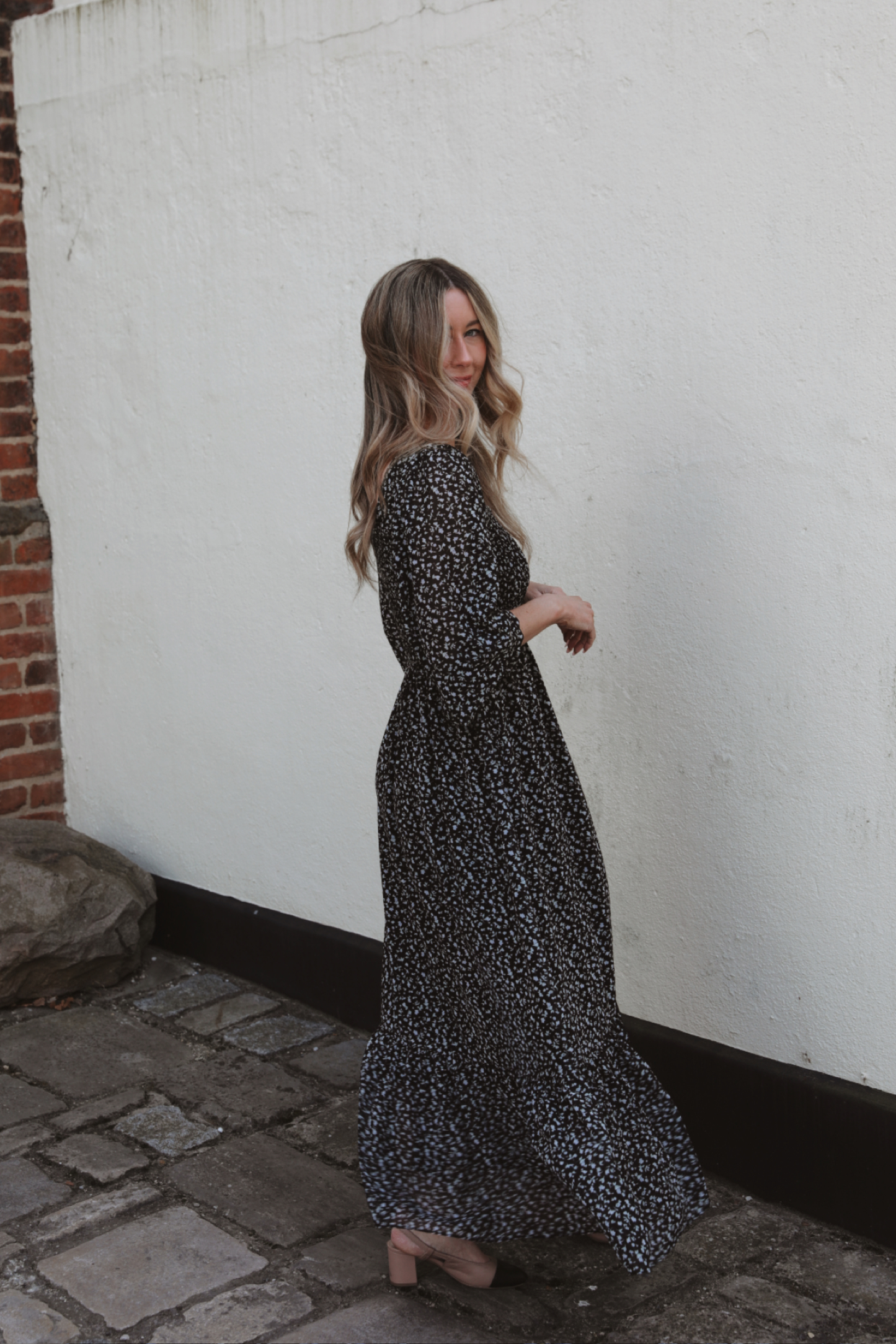Black & White Floral Smocked Midi Dress