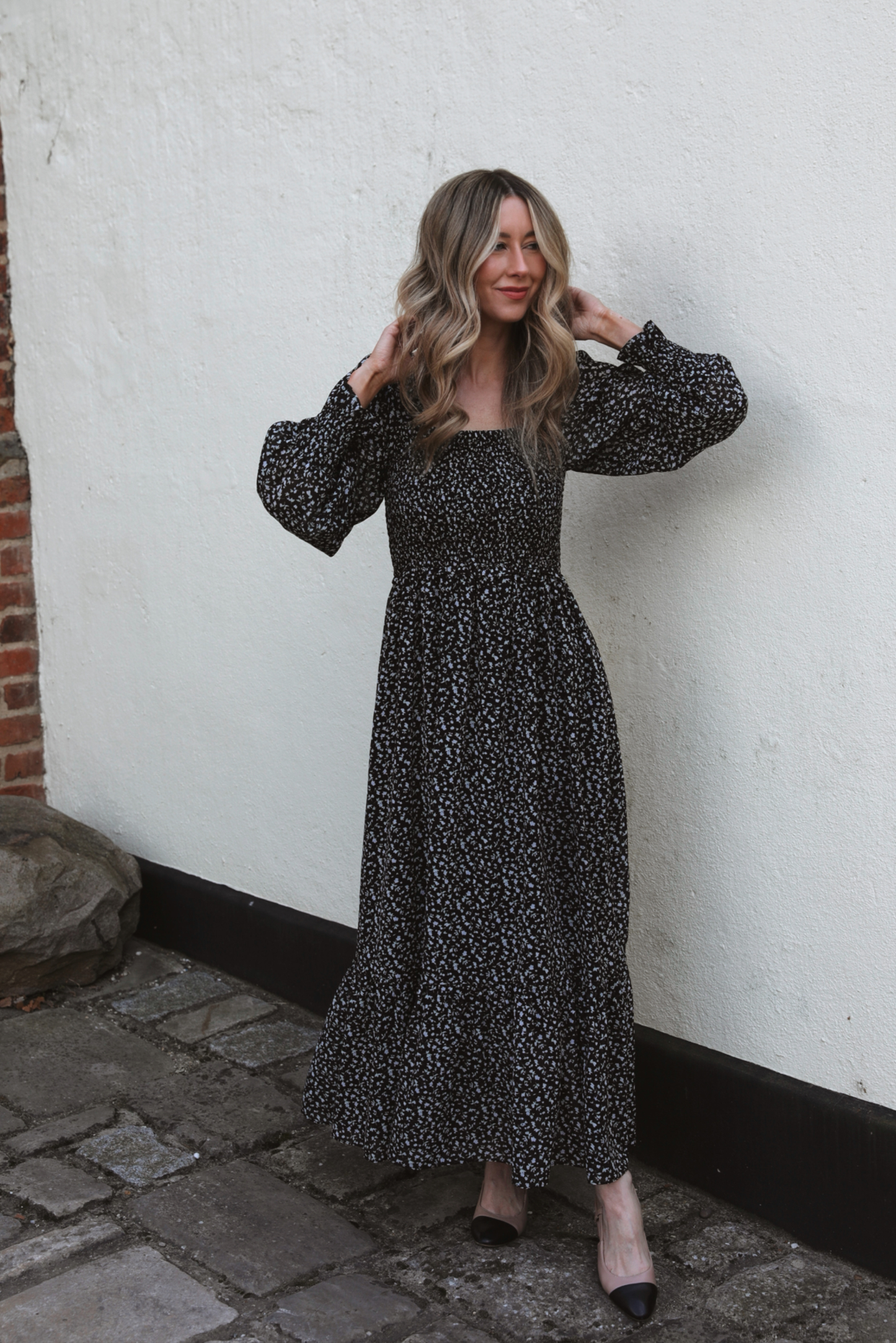 Black & White Floral Smocked Midi Dress