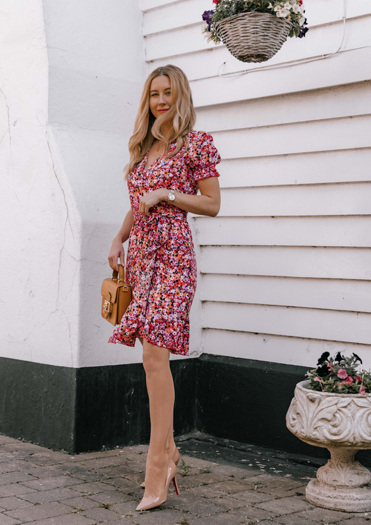 Red Abstract Print Wrap Dress