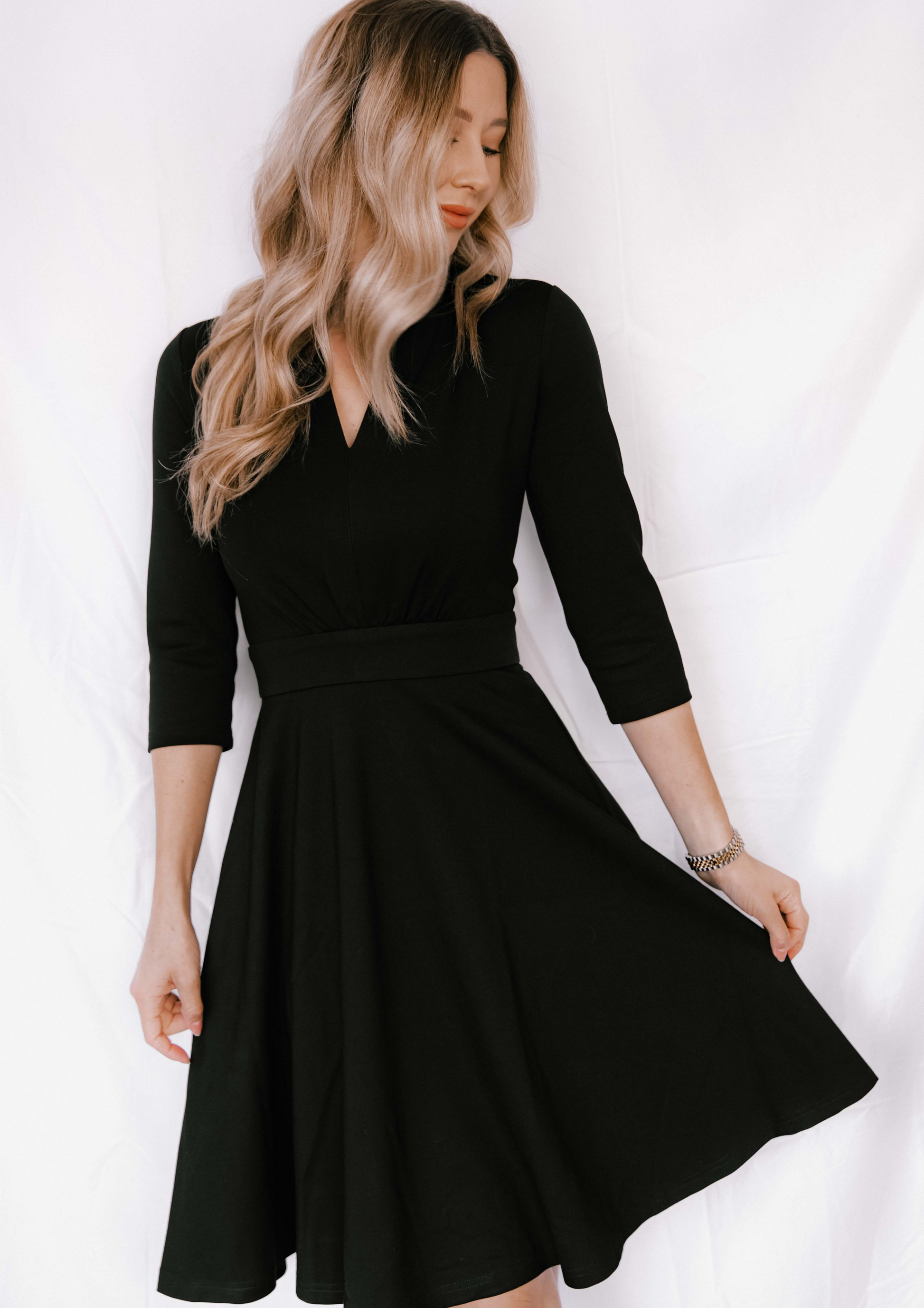 she dressed in black Short Party Dress with Ruffled Shoulders Black / Small