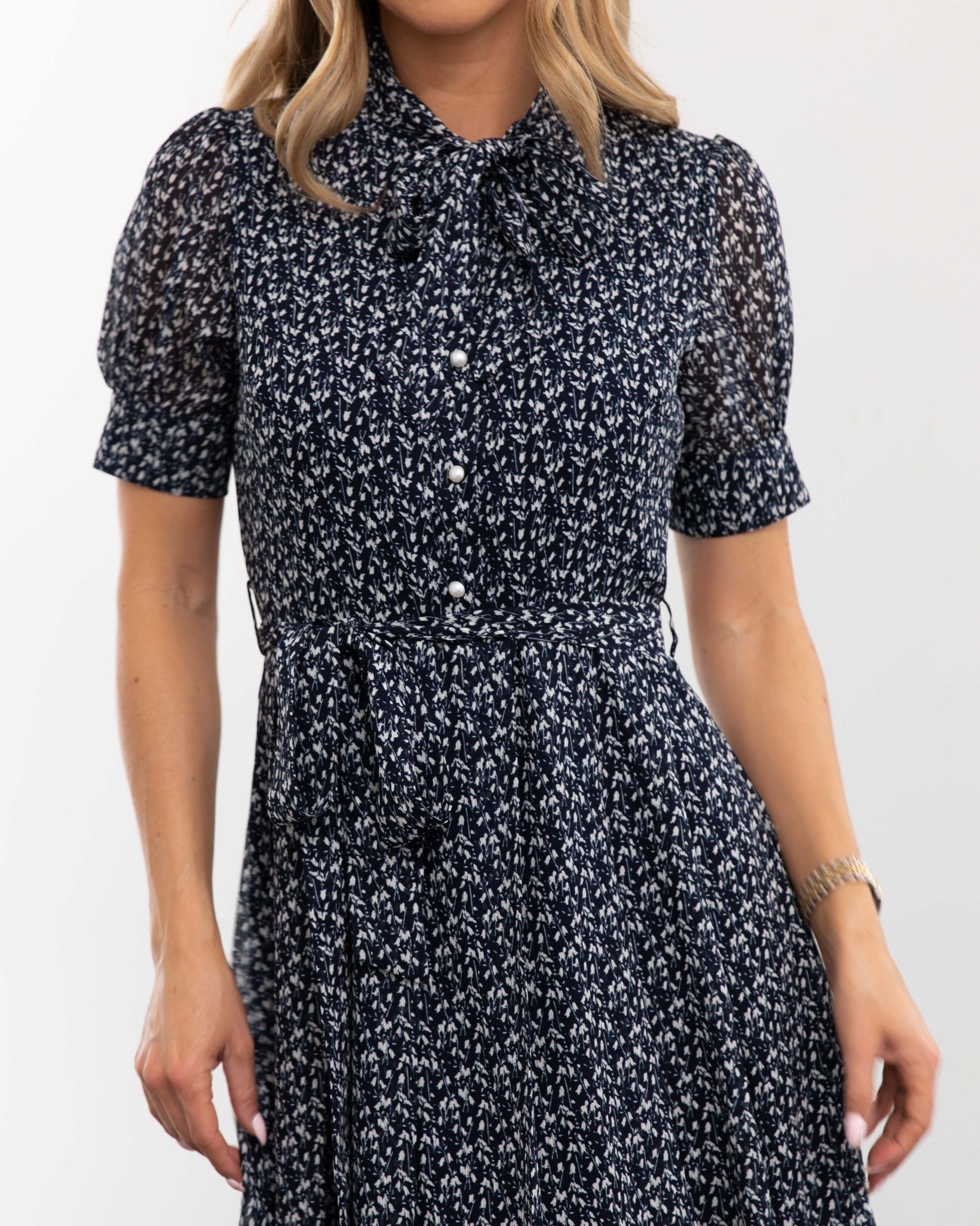 blue chiffon bow midi dress Blue Floral Bow Neck Chiffon Midi Dress She Goes Wear
